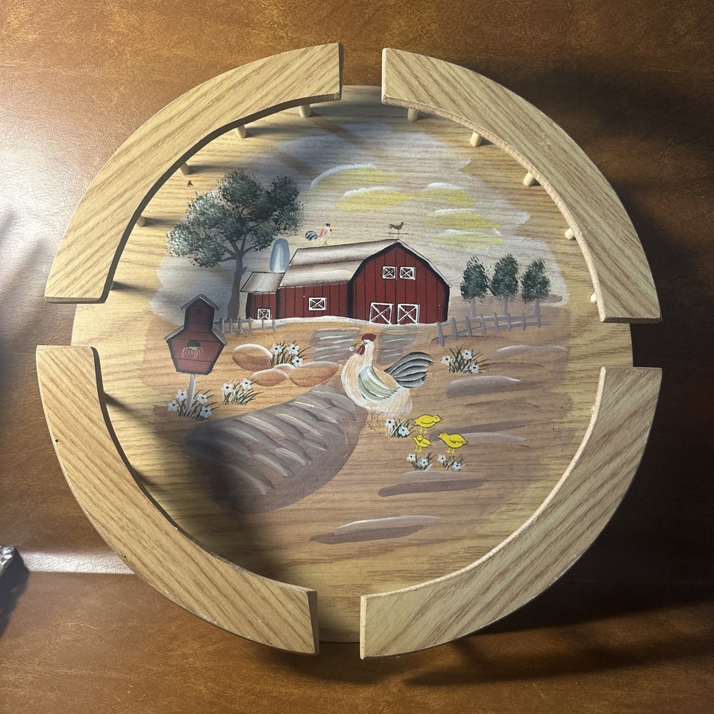 Hand Painted Vintage Wood Lazy Susan Farm Life 16 Inches Round
